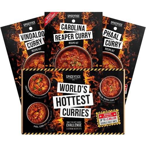 SPICENTICE World's Hottest Curry Recipe Kit Gift Set - Carolina Reaper, Naga Ghost Chilli Phaal, Fiery Habanero Vindaloo - Easy-to-Make, Vegan-Friendly Curry Gift for Chilli Lovers