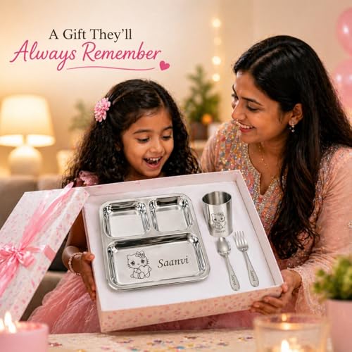 Image of SAVRI Personalized Stainless Steel Mealtime Printed Dish - Customized Name & Favorite Cartoon Motif Engraved - Kids Dinner Set for Boys & Baby Girls - Ideal Birthday & Return Gift - 4 Pcs (1 Set)