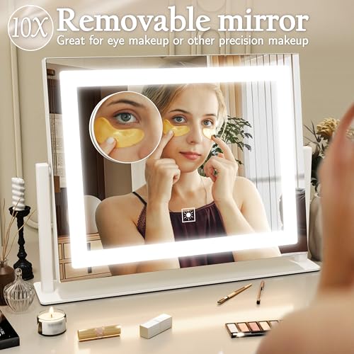 Image of ROLOVE 16x12 Inch Vanity Mirror with Lights, Lighted Makeup Mirror with 10X Magnification, Smart Touch 3 Colors Dimmable, Dresser Mount, Bathroom (White)