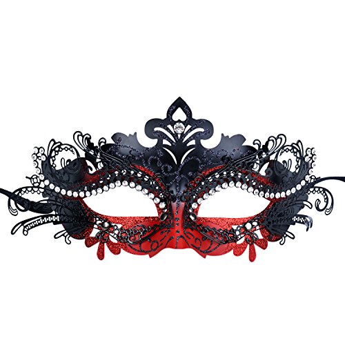 Coxeer Damen Maskerade Maske Laser Schneiden Metall Karneval Halloween Maske (Dark red + Black)
