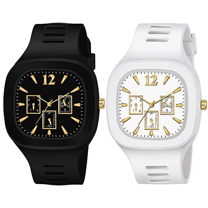 SELLORIA Square Dial Black Blue Grey White Analog Watches with Silicon Strap Stylish ADDI Designer Combo Watch for Mens & Boys (Black White) (B0B2X815FV) Amazon Price History, Amazon Price Tracker