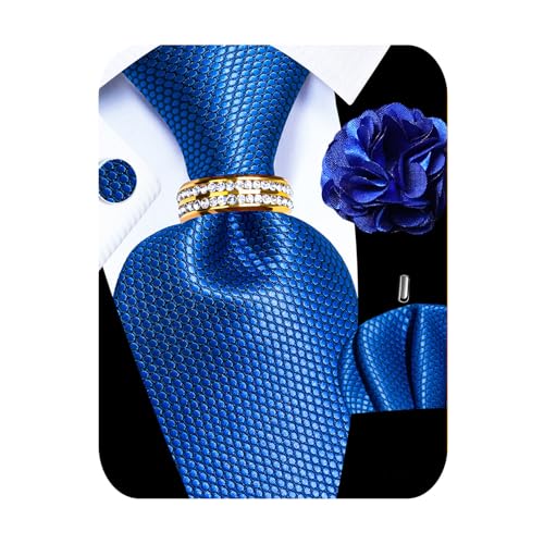 Image of 5PCS Mens Silk Designer Tie, Pocket Square, Cufflinks, Drilled Tie Ring and Lapel Pin Set for Wedding Groom Party