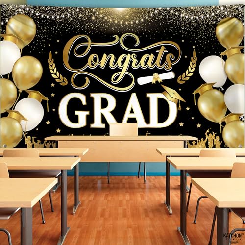 Image of Congrats Grad Banner - 72x44 Inch, Congratulations Banner Class of 2026, Black and Gold Graduation Decorations 2026 Graduation Banner for Graduation Party Decorations, Graduation Backdrop, KatchOn