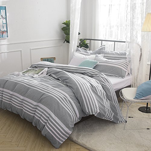 Merryfeel Cotton Duvet Cover Set,100% Cotton Seersucker Stripe Duvet Cover Set, Yarn Dyed Bedding Set,3 Pieces - Full/Queen - Grey #TOP1