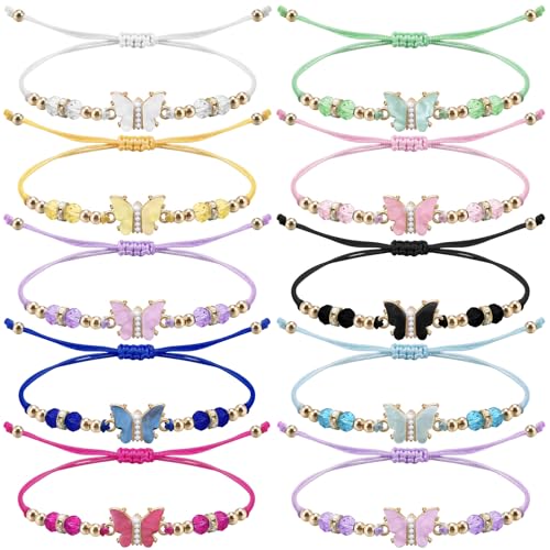 9Pieces Crystal Rhinestone Beads Butterfly Bracelets Adjustable String Cute Butterfly Charm Woven Friendship Bracelet for Women Fairy Party Favor