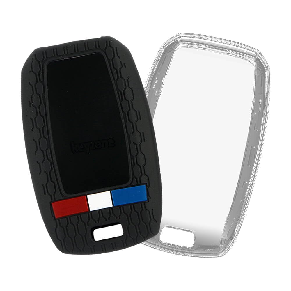 Keyzone Striped Key Cover Compatible for Kia Carens, Seltos, Sonet, Carnival, Seltos X-line Smart Keys (Black with Clear TPU)