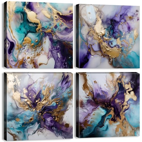 Purple Abstract Wall Art for Living Room Purple and Gold Luxury Wall Decor Watercolor Fluid Texture Pictures Decor Modern Fantasy Minimalist Colorful Artwork for Bedroom Home Decorations 12x12 4Pcs