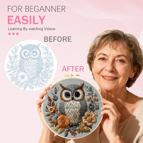 Image of Huacan Embroidery Kit for Beginners Adults Includes Stamped Owl Pattern, Hoop, Color Threads,Tools,Easy to Follow Instruction