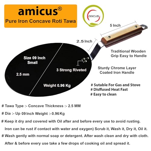 Image of amicus Pure Iron Tawa for Roti Chapati Omelette Concave Iron Tava with Wooden Handle 9 Inch 1 Kg Black Food Grade Smooth 100% Multipurpose Tawa
