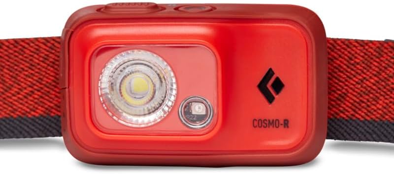 ഫ്രണ്ട് view of the Black Diamond Cosmo 350-R Headlamp, clearly showing the main white LED and the smaller red LED.