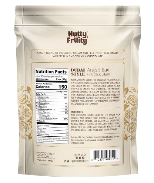 Nutty & Fruity Dubai Angel Hair Milk Chocolate, Premium Middle Eastern Style Chocolate Candy, Creamy Milk Chocolate with Delicate Shredded Filling, 16 oz (Pack of 2)