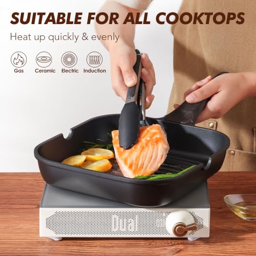 Image of SENSARTE Nonstick Grill Pan for Stove Tops, Versatile Griddle Pan with Pour Spouts, Square Grill Pan for Big Cooking Surface, Durable Grill Skillet for Indoor & Outdoor Grilling. PFOA Free, 11 Inch