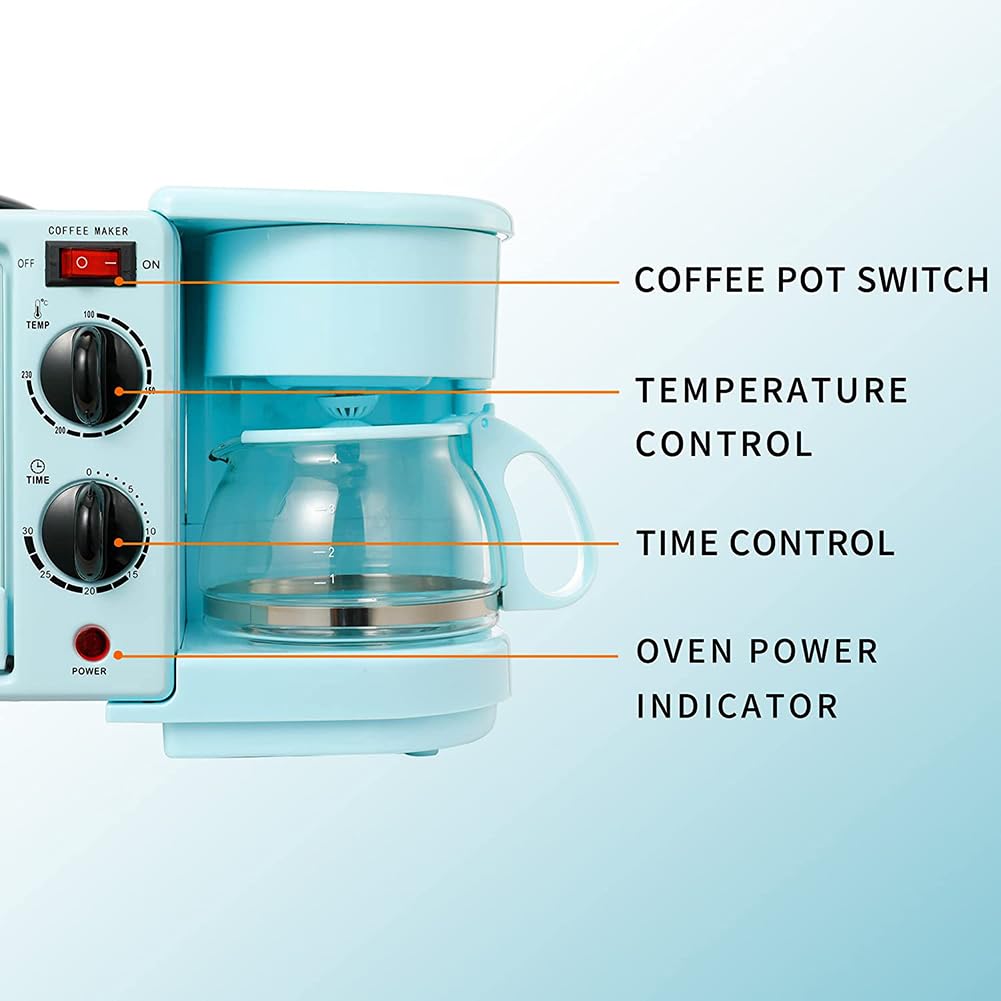 Machine à Petit-déjeuner multifonctionnelle 3 en 1 avec cafetière, Plaque antiadhésive et Four Grille-Pain à 4 tranches - Station de Petit-déjeuner complète