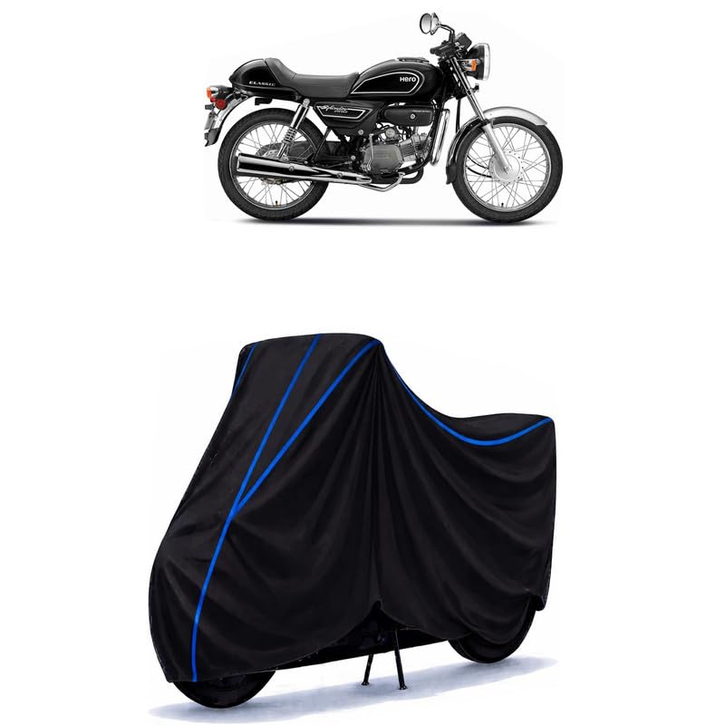 Image of Hero Splendor Pro Classic New Bike Cover Water Resistant Universal Motorcycle Rain | Heavy Duty UV Protection, Dust, Scratch Indoor Outdoor All Weather with Black Blue Piping Elastic