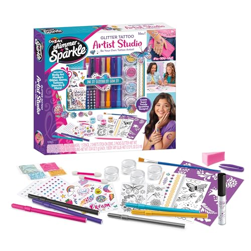 Shimmer 'n Sparkle Glitter Tattoo Artist Studio - Create DIY Body Tattoos with Body Markers, Glitter, Gems, Stencils for Ages 8 and Up