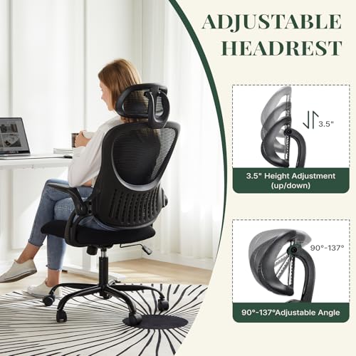 Image of Ergonomic Office Chair, Comfy Desk Chair with Wheels, Adjustable Headrests, Flip-Up Armrests, Breathable Mesh High-Back, Comfortable Swivel Seating for Home Computer, Black