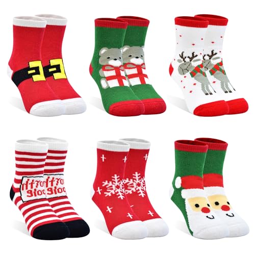 GENTABY Toddler Christmas Socks Boys Baby Girls 6 Pairs Kids Winter Warm Thick Socks 6 Festive Patterns Thermal Toddler Socks 0-1 Year