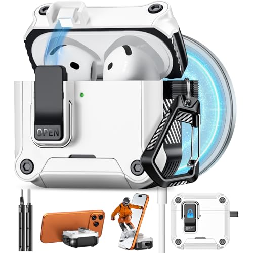 Image of Pohgelan for AirPods 4 Case with Safety Lock-White | Magnetic Automatic Lock with Cleaning Kit&Keychain,Compatible with Magsafe