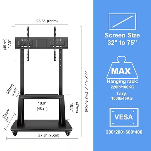 Hellsehen 9331632972627 Mobile Tv Stand,Rolling Tvs Cart On Wheels Height Adjustable Heavy-Duty Floor Stand Base For 32-75 Inch Lcd Led Oled Flat Panel Screens Smartboard Movable Holds Up To 100Lbs thumb #4