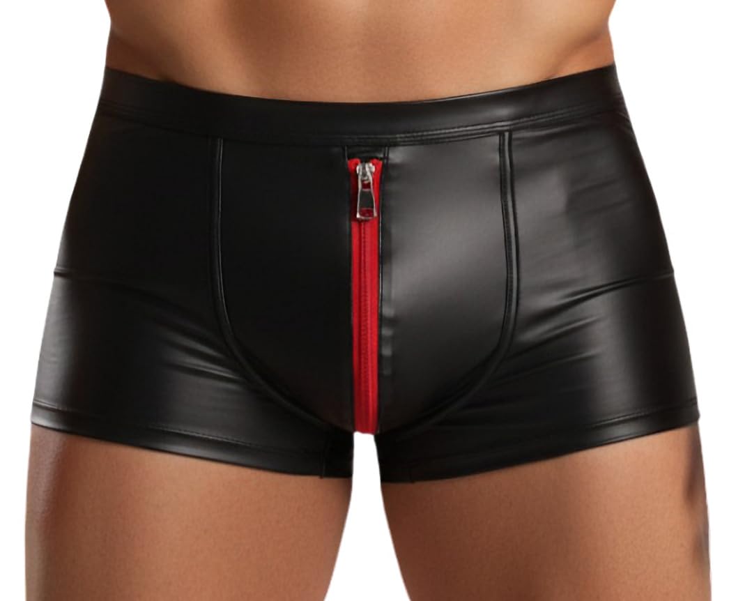 Cave Hero Latex ähnliche Herren Shorts mit Reissverschluss (DE/NL/SE/PL, Alphanumerisch, M, Regular, Regular, schwarz/rot)