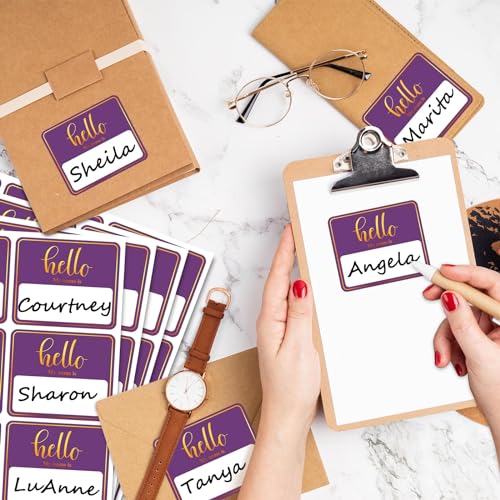 Image of 180 PCS Hello My Name is Name Tag, Gold Foil Name Tags Sticker, 2.5 x 3 Inch Large Name Labels, Purple Adhesive Name Tag Labels for Business, Party - Office, School, Home