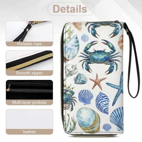 Women's Cute Decor Long PU Zipper Wallet, Travel Purse Fashion Design, Huge Storage Capacity Purse With Rope Under Sea Ocean Starfish Shell Coral Crab Watercolor 5