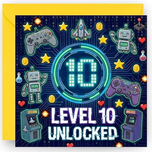 10th Birthday Card Gift for Boys and Girls Gamer Themed Design Happy 10 Years Old Birthday Greeting Card with Vibrant Yellow Envelope - Size 14cm