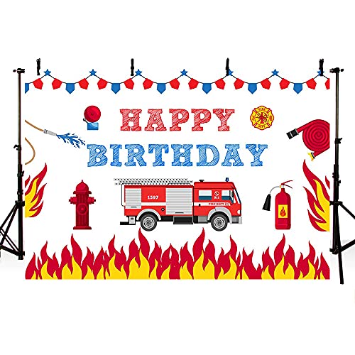 MEHOFOND Toile de fond d'anniversaire pour garçon pompier - 2,1 x 1,5 m - Motif pompier - Flamme - Décoration de gâteau - Accessoires de studio photo