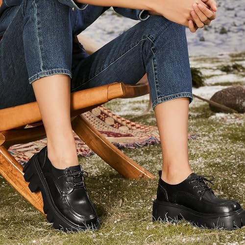 Image of BEAU TODAY Platform Oxfords for Women, Oxford Shoes for Women, Chunky Leather Lace Up Oxford Shoes, Casual Comfort Business Work Office Dress Shoes