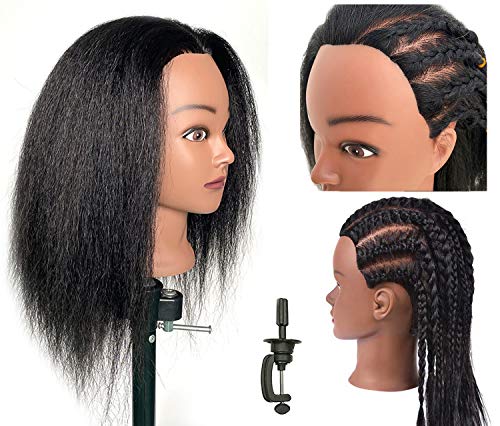 African American Mannequin Head with Real Hair Training Head with Clamp Stand Manikin Head Cosmetology Head for Practice Hairstyle Styling Cutting Braiding for Children As Gift(14,Natural Color)