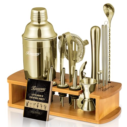 KITESSENSU Cocktail Shaker Set Bartender Kit with Stand | Bar Set Drink Mixer Set with All Essential Accessory Tools: Martini Shaker, Jigger, Strainer, Mixer Spoon, Muddler |Champagne Gold