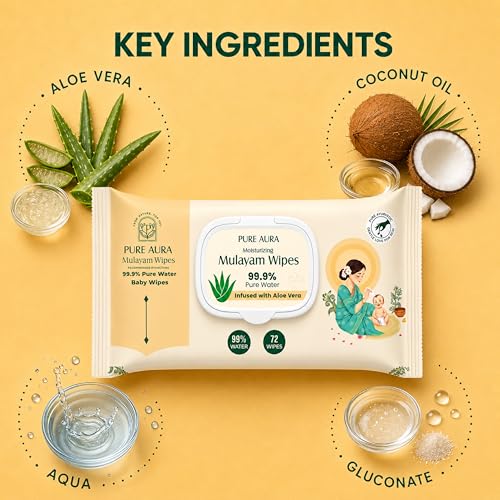 Image of Pure Aura Baby Mulayam Wipes 72 Pulls, Pack of 3 - Doctor Recommended 99.9% Pure Water Wipes with Aloe Vera | Ultra Soft, Thick & Plant-Based | Gentle for Newborns & Sensitive Skin