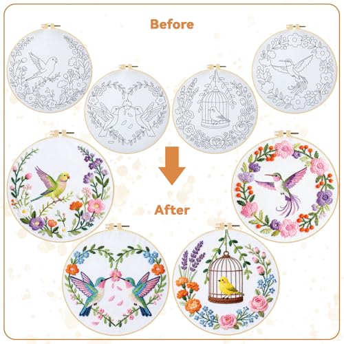Image of BEUNITONE 4 Set Wreath and Bird Pattern Embroidery Kit for Adult Beginners