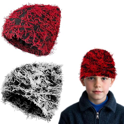 Kids Distressed Beanie - Trendy Knit Winter Hat for Boys and Girls, Soft Cozy Distressed Cap for Cold Weather (2 Pack) Black