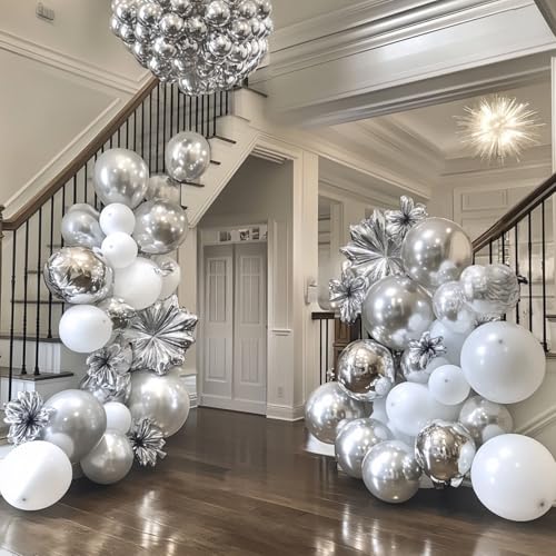 Image of RUBFAC 135pcs Metallic Silver Balloons Different Sizes 18 12 10 5 Inch for Garland Arch, Latex Balloon for Birthday Party Graduation Wedding Decorations