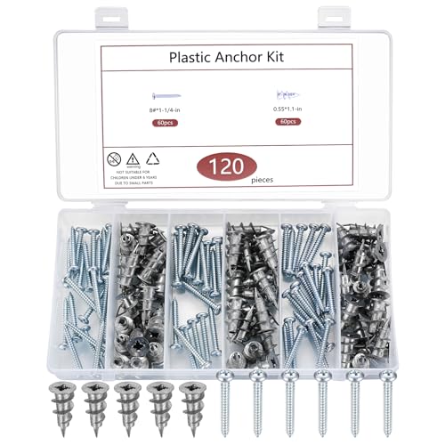 120 Pcs Self Drilling Plasterboard Fixings Raw Plugs and Screws, Cavity Wall Screws and Drywall Anchors