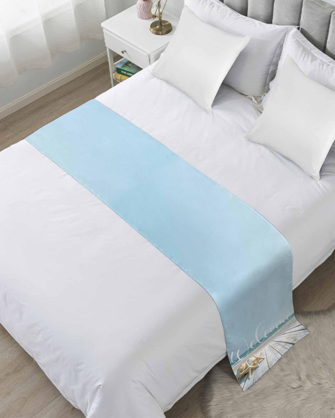 King Bed Runner Watercolor Ocean Starfish Plank Bedding Runner Scarves Decorative Bed Scarf, Summer Seaside Beach Soft Bed Runners for Bedroom Hotel Wedding 102x20IN