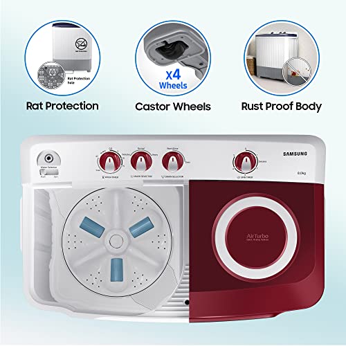 Image of Samsung 8 Kg Semi-Automatic 5 Star Top Load Washing Machine Appliance (WT80R4000RG /TL, Light Grey, Wine Red Lid (Opaque), Hexa Storm Pulsator)