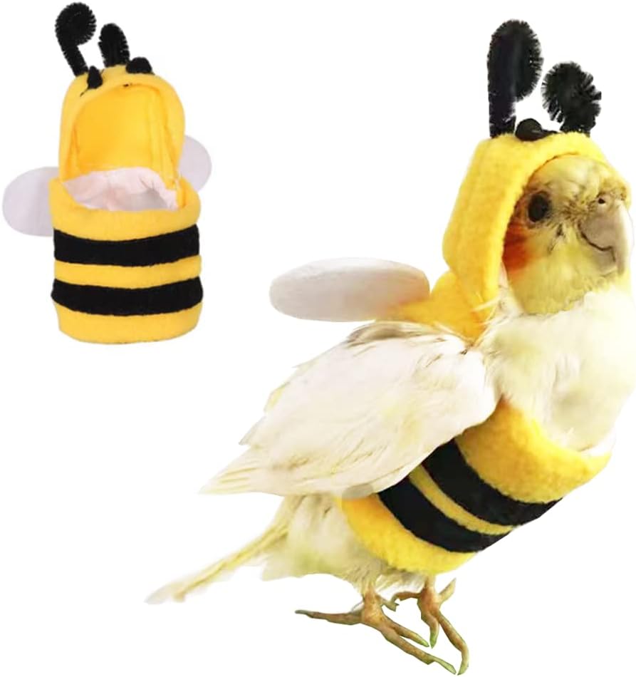 Anelekor Halloween Pet Birds Costume Small Animals Clothes Birds Cosplay Outfit Bee Shaped Hoodies for Parrots African Greys Parakeet Cockatiel Sun Conure Finch Budgie (Bee, Large)