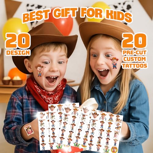Image of Custom Cowboy Temporary Tattoos for Kids, Set of 20 | Personalized Pre-Cut Face Photo, Birthday Party Favors, For Boys & Cowboy Lovers, Unique Celebration Gifts