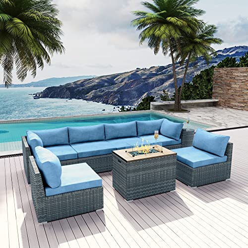 Modenzi Outdoor Sectional Patio Furniture Set With Propane Fire Pit Table Grey Resin Wicker Phoenix Collection Sofa Set (Blue With Ice Bucket) #TOP3