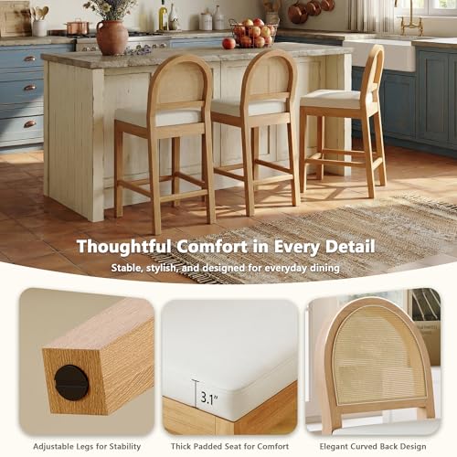 Image of Upholstered Wooden Rattan Bar Stools Set of 2, Island Chairs (Cream White) | STHOUYN, Counter Height, Solid Wood, Rattan Woven Back, Faux Leather Seat, Mid-Century Modern, Kitchen