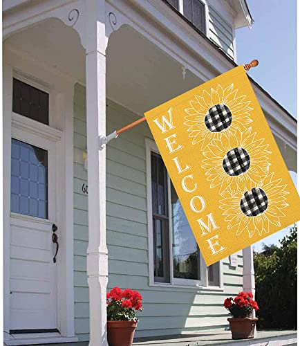 Easternproject Welcome Sunflower House Flag For Outside 28X40 Inch Spring Summer Yellow Flower With Black White Buffalo Plaid Farmhouse Decorations Yard Flag Double Sided Burlap Outdoor Flags #TOP4