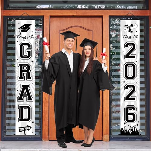 Image of Graduation Banner 2026 Graduation Decorations Black and White Grad Banner Porch Sign Class of 2026 Door Decor Congrats Hanging Backdrop Black White Grad Party Decor for School Congratulations Supplies