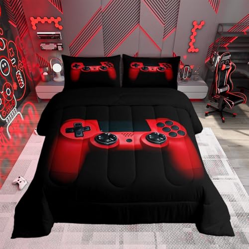 Edredón gaming negro y rojo para cama juvenil con dos fundas de almohada de videojuegos 2