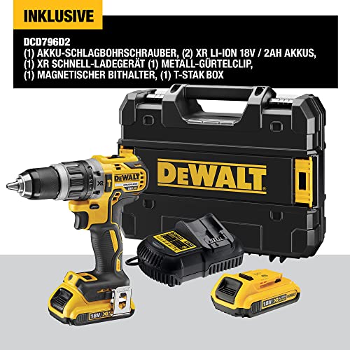 DeWalt Akku-Schlagbohrschrauber/Akkuschrauber (18 Volt, 15-stufiges Drehmomentmodul, 13 mm Schnellspann-Bohrfutter, LED-Arbeitslicht, inklusive Zubehör) & QZ Kombination Bohrer Set 100 Teile – Bild 4