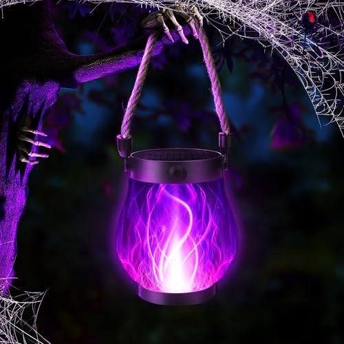 iBaycon 1 Pack Solar Lanterns Lights, Halloween Flickering Flame Garden Lights with 2 Modes Dual Charging USB & Solar, Outdoor Waterproof Hanging Lantern for Party Holiday Halloween Decor (Purple)