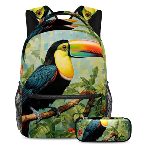 Sac à dos Toucan au design coloré et sa trousse scolaire assortie résistante
