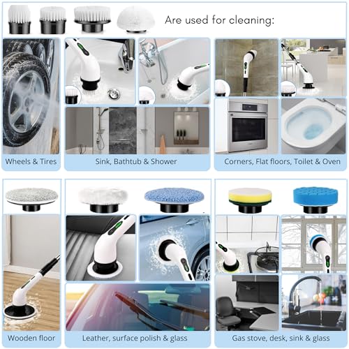 Image of Electric Spin Scrubber, Rotating & Cordless Cleaning Brush with 9 Replaceable Brush Heads and Adjustable Extension Handle. Dual Speed Power, IPX7 Waterproof for Bathroom, Kitchen, Tile, Floor & Car.