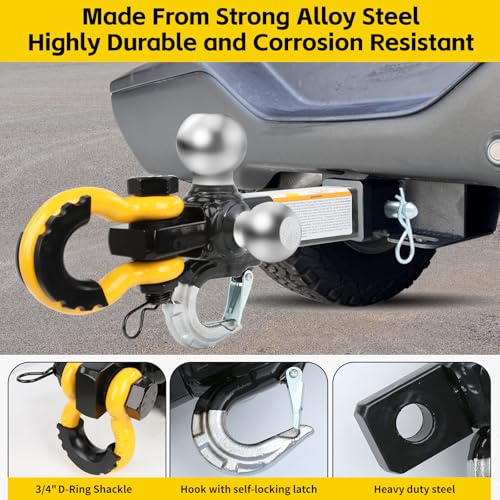 Image of MaxxHaul Tri Ball Hitch with Rotatable Tow Hook and D-Ring Shackle, Fits 2 inch Receiver, Heavy-Duty Steel, 12,000 lb Capacity, Multi Ball Mount for Towing & Recovery - (51008)